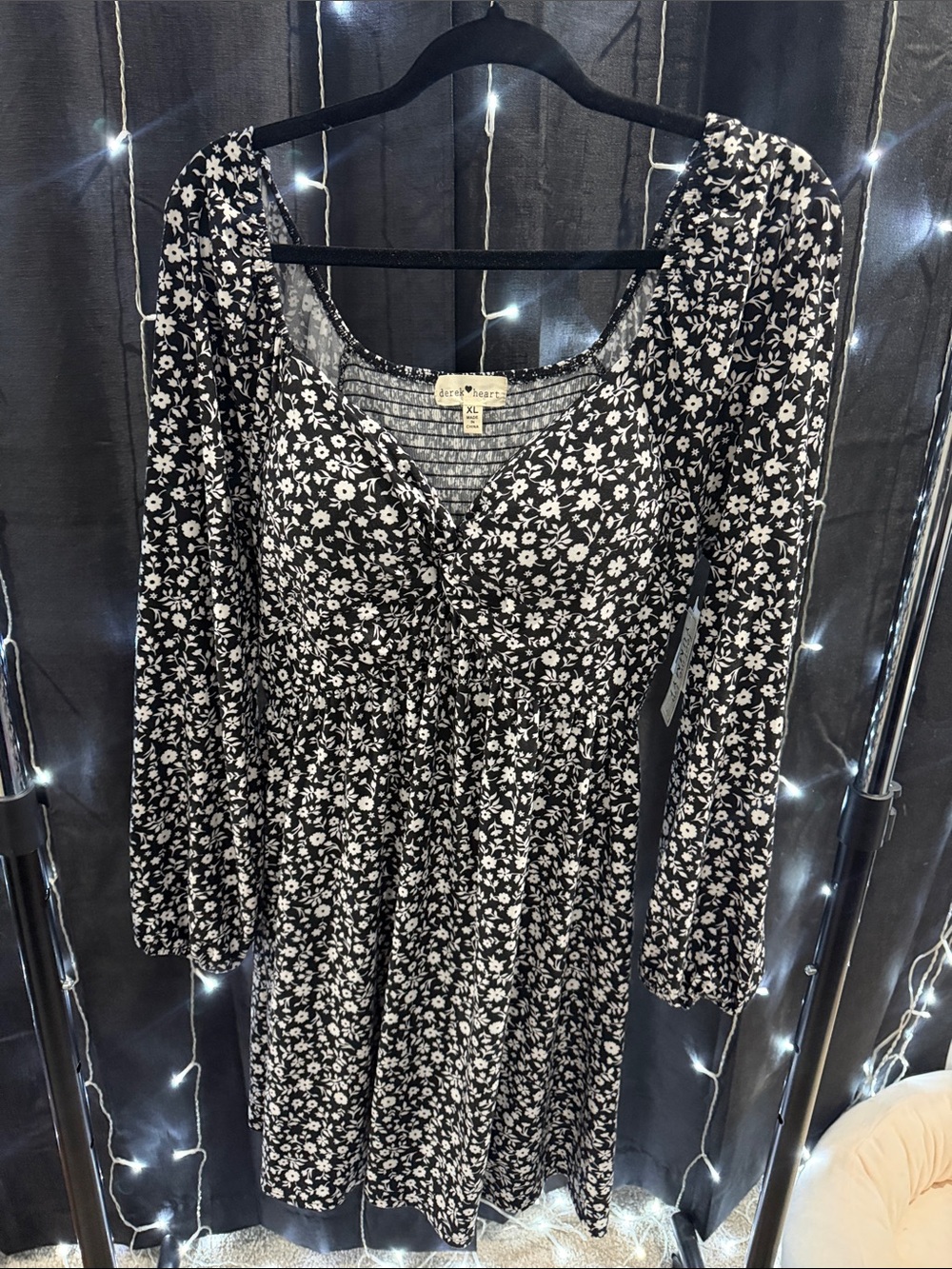 Derek Heart Black and White Floral Long Sleeve Empire Dress